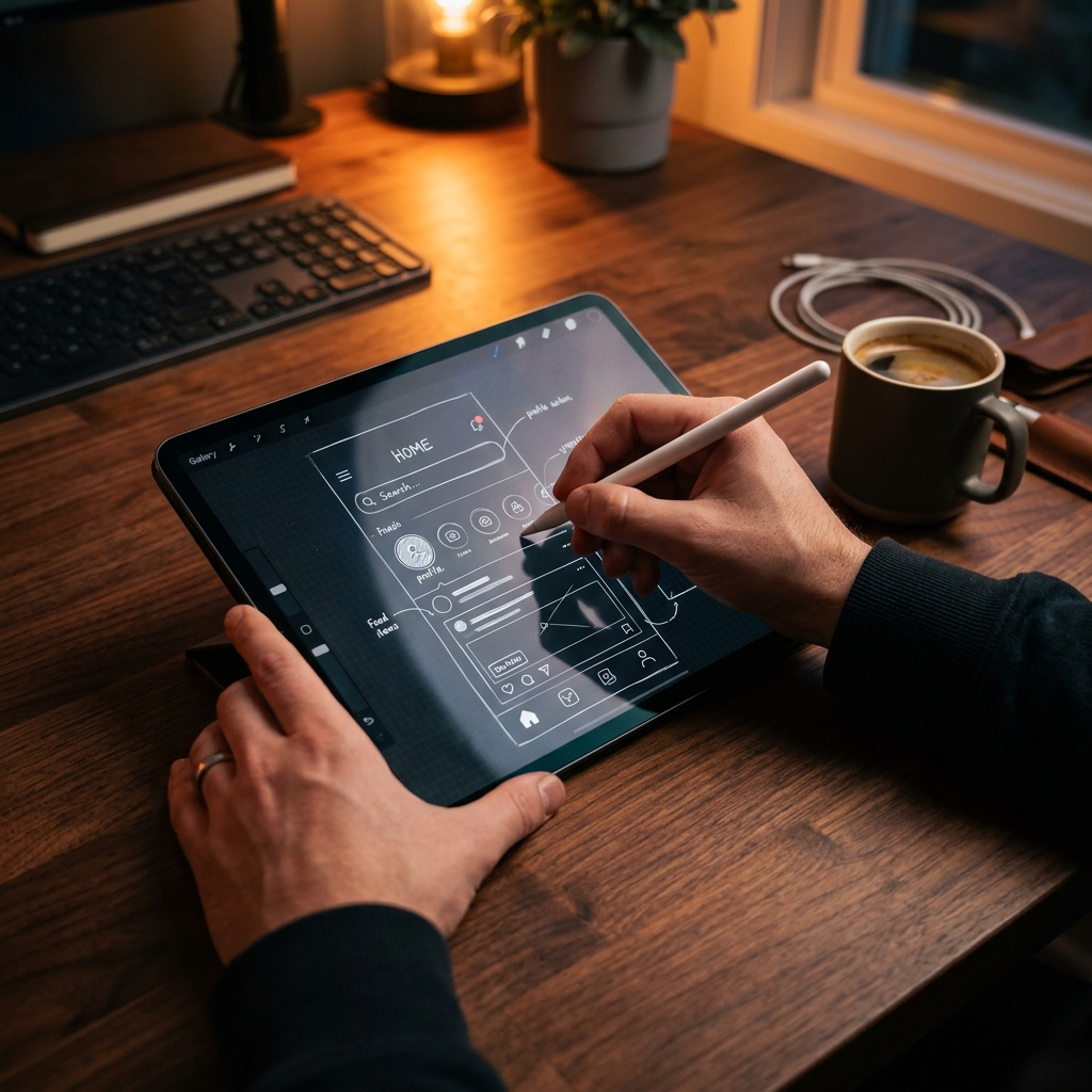 UI/UX wireframing on tablet